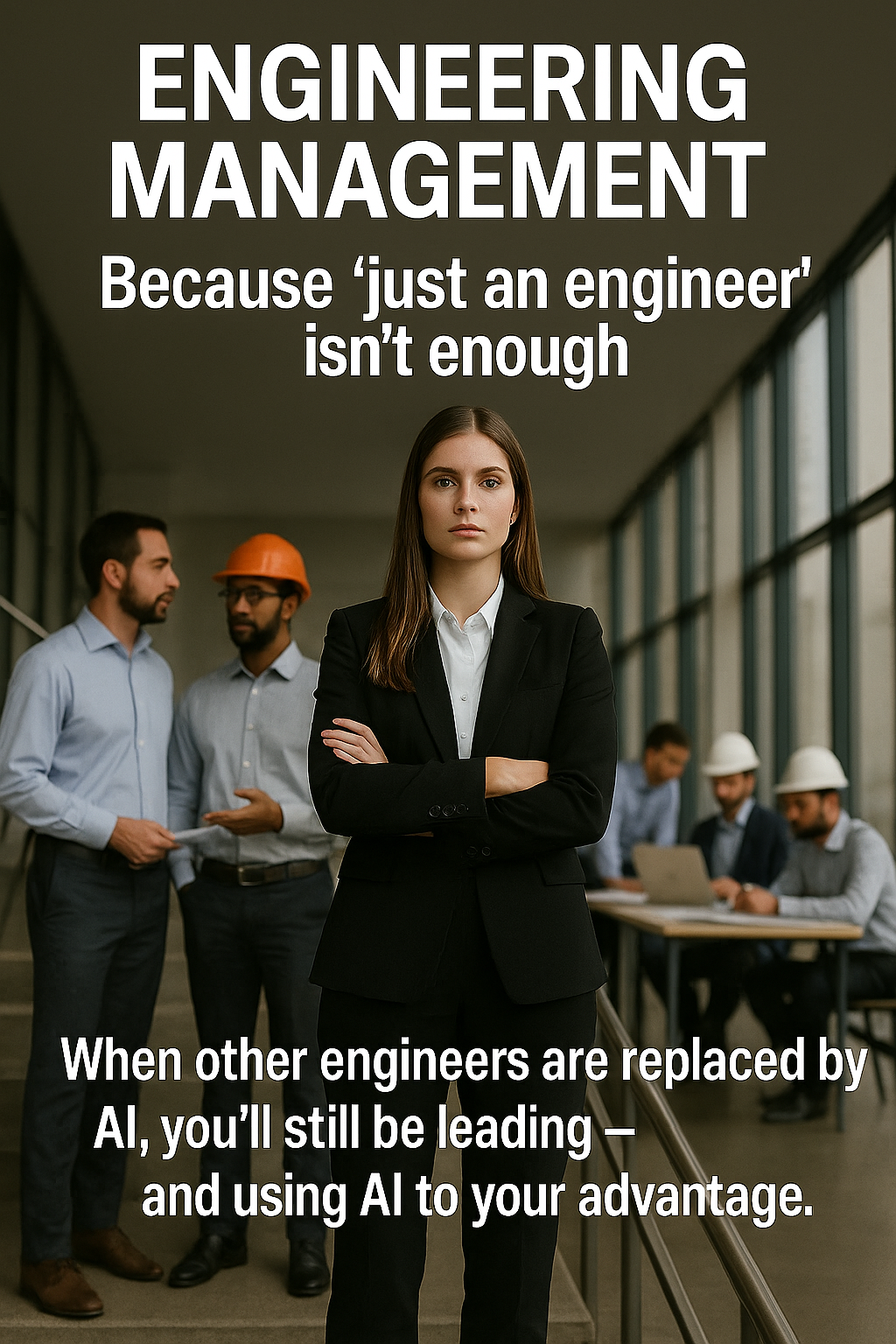 A confident woman in a suit stands in front of engineers discussing work, with bold text promoting engineering management and leadership in AI